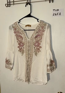 Blusa túnica beige con flores bordadas rosas Emmer & Oat para mujer S - Imagen 1 de 4