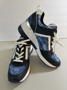 Michael Kors Georgie Trainer MK Dark Denim Multi Printed Sneakers US 8M Blue - Picture 1 of 8