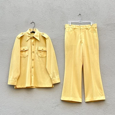 Vintage 70s Men's Media Yellow 2 Piece Texturized Polyester Leisure Suit Medium - Image 1 of 4