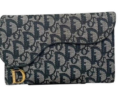 Cartera Christian Dior Azul Sillín Grande Oblicua Trotter Lona Cuero Triple Plegable Foto 1 de 4