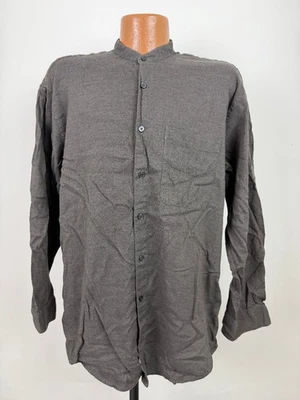 Vintage 90s Band Collar Shirt Men L Button Up Dark Brown Minimal Rayon Cotton - Image 1 of 4