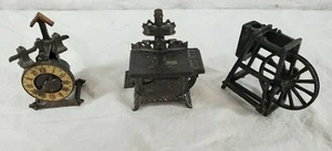 Vintage Lot 3 Pencil Sharpener Miniature Die-Cast Metal Scale Stove Sewing Wheel - Picture 1 of 6
