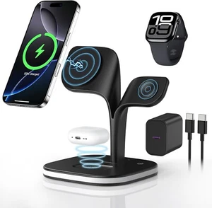 3 in 1 Wireless charging Station for MagSafe, with integrated Nightlight. Black. - Zdjęcie 1 z 5