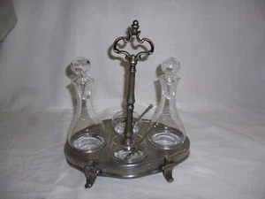 alte Menage Zinn Glasflakon Öl Essig Gewürzschalen Löffel gepunzt - Bild 1 von 17