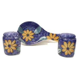 Vintage Spoon Rest Salt And Pepper Shakers Set Blue Yellow Flowers Floral Spring - Picture 1 of 10