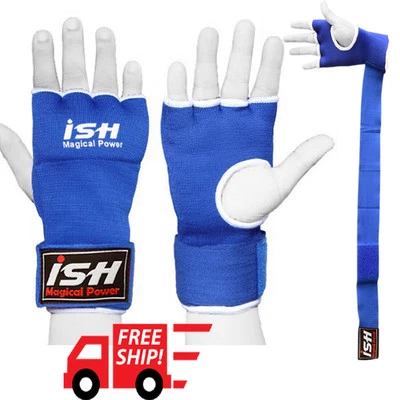 ISH SPORTS Inner Gloves with hand wraps Gel Padded Foam Boxing Muay Thai MMA Bandages Blue