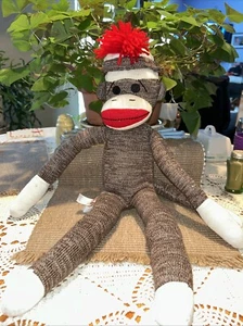 Sock Monkey 20" Schylling Brown Cream Red Mouth Bottom Plush Stuffed Animal Toy - Picture 1 of 7