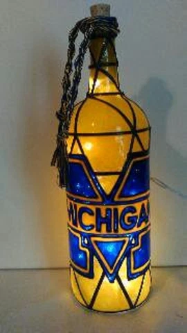 Michigan Inspired Hand Painted Lighted Wine Bottle Stained Glass look Cover