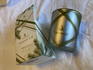 NIB Thymes 2oz “Frazier Fur” Candle, Silver – White Satin Exterior - Green Plaid - Picture 1 of 9