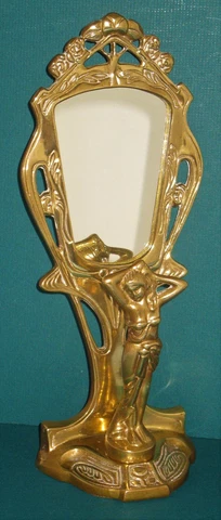 ANTIQUE ART NOUVEAU STYLE SOLID BRASS STANDING MIRROR FIGURAL FEMALE CA 1900 Cover