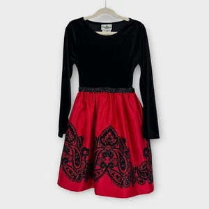 Rare Editions Girl’s Size 10 Black Red Flocked Long Sleeve Velvet Party Dress - Picture 1 of 9