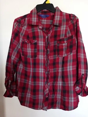 Max Azria Miley Cyrus Rojo Gris Top A Cuadros Botón Abajo Manga Roll-Tab Talla XL Foto 1 de 3