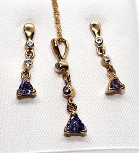 ¡JUEGO TANZANITA! JUEGO DE 4 PIEZAS 10K T-Tn COLGANTE ERR & COLGANTE Tanzanitas 4 y 5 mm Trillones - Imagen 1 de 11