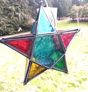 Patterned Stained Glass Hanging Metal STAR Tea Light Candle Holder 8” T India - Picture 1 of 18