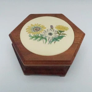 Vintage Wooden Jewelry Keepsake Box Floral Art Tile Decatur Industries - Picture 1 of 13