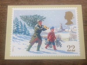 Christmas 1990 Bringing home Tree Picture Postcard Royal Mail Stamp John Gorham - Picture 1 of 2
