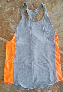VTG 80s Cotton-Lycra Racerback Open Side Gym Tank Top Grey Neon Orange M USAmade - Picture 1 of 4