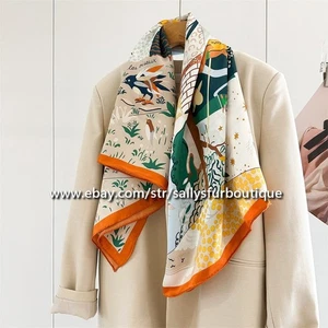 Sallys 100% Silk Wrap Shawl Bandanna Shawl Animals Print Square Scarf 43" Orange - Picture 1 of 11