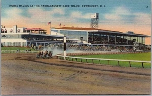 Postal de lino PAWTUCKET, RI de la década de 1940 "Carreras de caballos en la pista de carreras de Narragansett" - Imagen 1 de 2