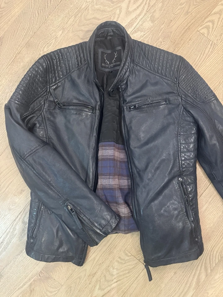 Chaqueta de cuero azul pequeña Bod & Christensen para hombre Foto 1 de 4