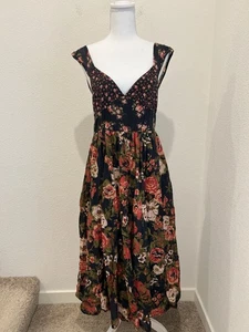 Free People Love You Black Floral Cottagecore Midi Feminine Dress Size Medium - Picture 1 of 13
