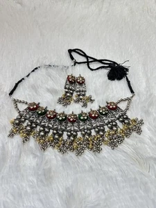 Ethnic Silver Oxidized Jewelry Indian Bollywood Necklace Earrings Choker Set - Picture 1 of 3