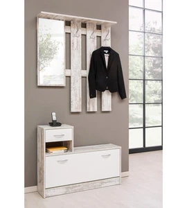 MOBILE DA INGRESSO CON SPECCHIO E APPENDIABITI BIANCO ANTICATO, 100X180X25 CM - Foto 1 di 2