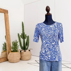 Talbots Women’s S Paisley Lightweight Sweater Blouse Cotton Blend White Blue - Picture 1 of 10