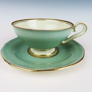 Royal Tettau Small Tea Cup and Saucer Jade Green Gold Trim Germany US Zone - Picture 1 of 11