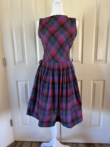 Vintage Women’s Plaid Dress Pleated black red purple holiday dress belt sm - Picture 1 of 12