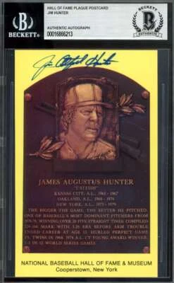 Jim Catfish Hunter Beckett BAS Signed Gold Hall of Fame Plaque Postcard Autograp - Image 1 of 2