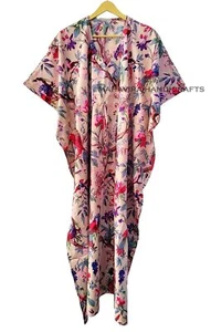 Indian Cotton Loose Short Sleeves Bird Print Peach Free Size Caftan Maxi dress - Picture 1 of 6