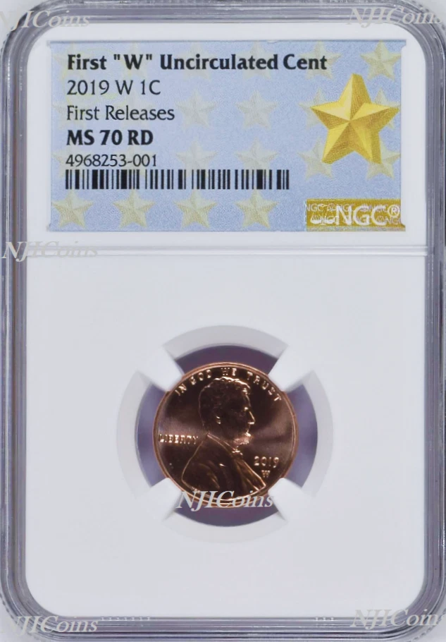 2019 W First "W" Uncirculated Cent First Releases NGC MS70 ms 70 RD STAR Label - Image 1 of 2