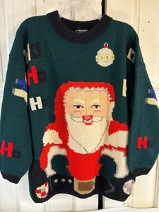 Vintage Berek Ugly Sweater Ho Ho Ho Santa 100% Wool Hand Knit Front Back Size S - Picture 1 of 22