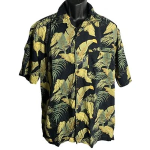 Vintage Trader Bay Hawaiian Camp Shirt L Black Floral Pockets Short Sleeves - Picture 1 of 6