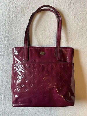 Coach Patent Leather Medium-Sized Tote Bag, Cranberry dark pink color - Image 1 of 4