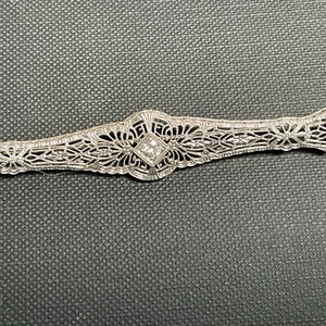 14K Antique Filigree White Gold Genuine European Diamond Bar Pin / Brooch - Bild 1 von 7