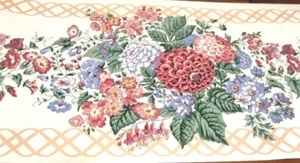 WALLPAPER BORDER Vibrant Floral Zinna's Blue & Peach Bouquet Braid White Wall - Picture 1 of 3