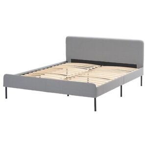 Ikea Double Bed SLATTUM in Mid Grey with Grey Fabric Headboard and Footboard