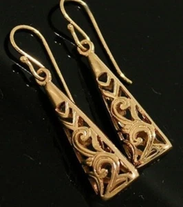 E045 Classic Genuine 9K, 10K or 18K SOLID Yellow Gold FILLIGREE Dangle Earrings - Picture 1 of 9