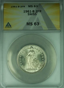 1961-B Switzerland Swiss 2 Franc Silver Coin ANACS MS-63 (B) - Picture 1 of 2
