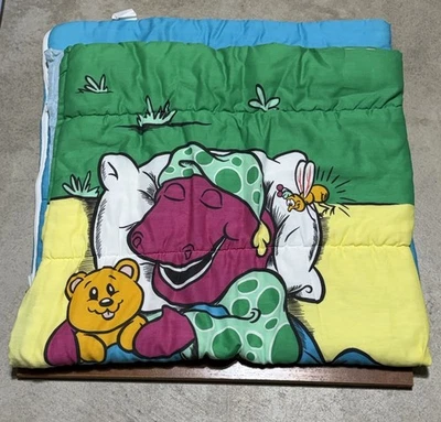 Vintage 1992 Barney Childs Sleeping Bag Bedtime Stories 28 x 55" Purple Dinosaur - Image 1 of 3