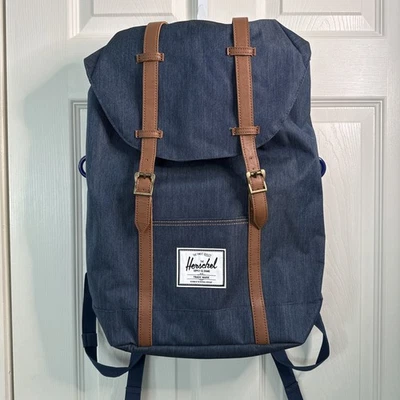 Herschel Denim Fabric Backpack Laptop Sleeve Red Interior NWOT Light Brown Snaps - Image 1 of 4
