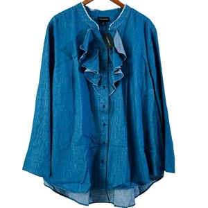 Lane Bryant Blouse Blue Ruffle Denim Size 26/28 Button Up Long Sleeve - Picture 1 of 10