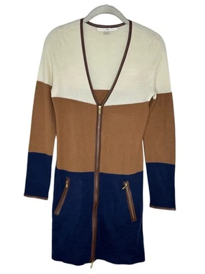 Boston Proper Womens Equestrian Navy Tan Wool Blend Zip Front Sweater Sz XS - Image 1 of 4