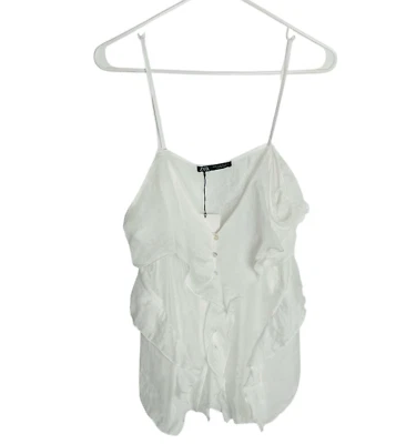 Top corto con volantes Zara para mujer M blanco sin mangas transparente cuello en V botón hada ángel Foto 1 de 4