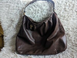 Juicy Couture Large Hobo Bag Genuine Brown Leather Zip Closure Gold Lining Y2K 