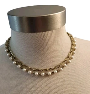 Unmarked Faux Pearl And Goldtone Chain Necklace 2 Strand 18"  - Picture 1 of 4
