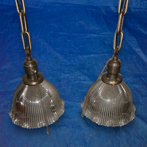 31” Antique Brass Pendant Light Fixtures With Rare Phoenix Shades Hubbell 116D Cover
