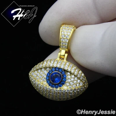 PLATA ESTERLINA 925 CIRCONITA CÚBICA HELADA AZUL 3D MAL DE OJO COLGANTE CHAPADO EN ORO*G370 Foto 1 de 4